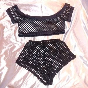 Super cute black fishnet style very stretchy high-waisted booty short and halter